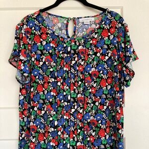 Liz Claiborne Women XL Floral Print Short Sleeve Keyhole Back Top Blouse EUC